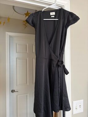 Aritzia Wilfred Black Asymmetrical Wrap Dress with Lace Trim